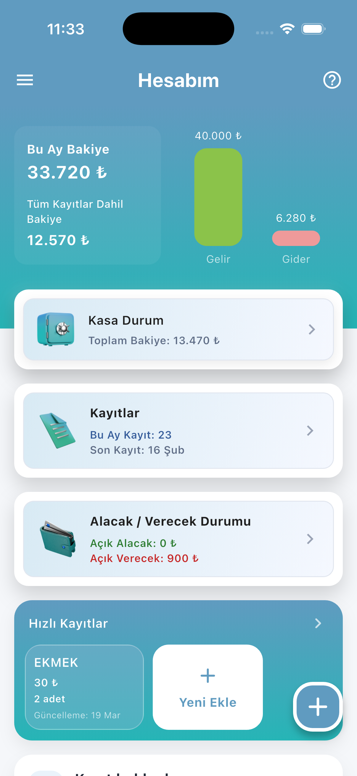 Hesabım Cebimde ana ekran